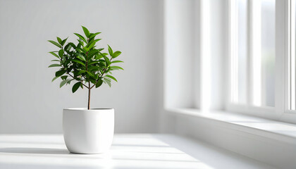 Small Green Plant in White Pot on White Windowsill