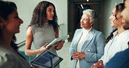 Talking, project or business people on tablet in lobby for research, teamwork or accounting...