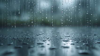Raindrops falling onto a surface creating ripples with a blurred background.