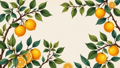 illustrated citrus garden with branches and fruits over linen texture, soft vintage palette. eco culinary themed walls. magic add on: embossed citrus skin.