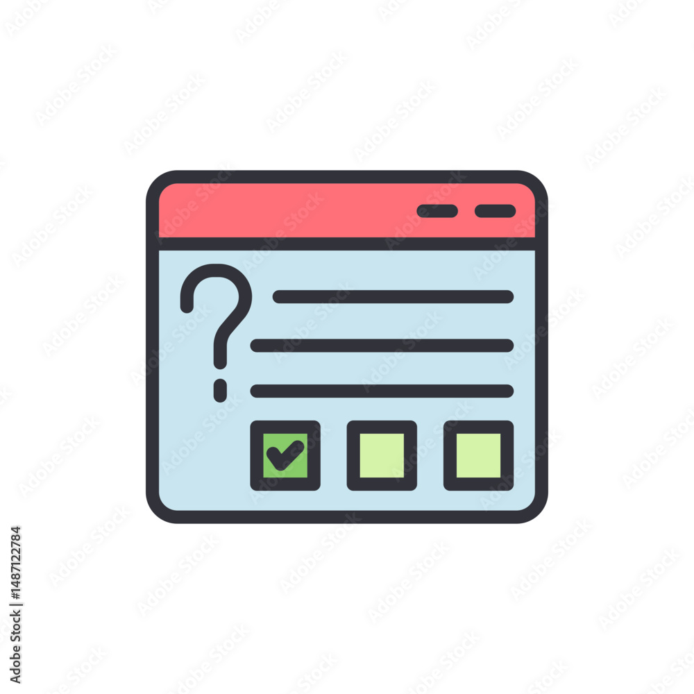 Poster online test or survey interface with question mark and checkbox
