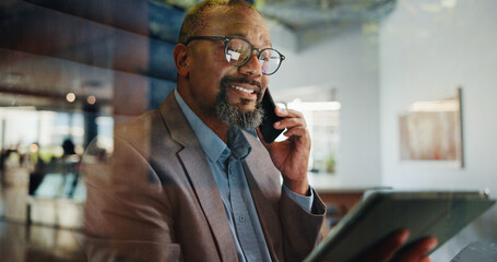 Fototapeta na wymiar Tablet, cubicle or black man with phone call for talking, asset management or financial advice. African portfolio manager, glass and negotiation in hybrid booth for investment, deal or private equity