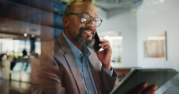 Tablet, cubicle or black man with phone call for talking, asset management or financial advice. African portfolio manager, glass and negotiation in hybrid booth for investment, deal or private equity