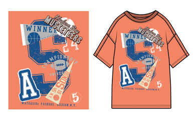 A dynamic and layered kids’ T-shirt graphic featuring collegiate and sports motifs