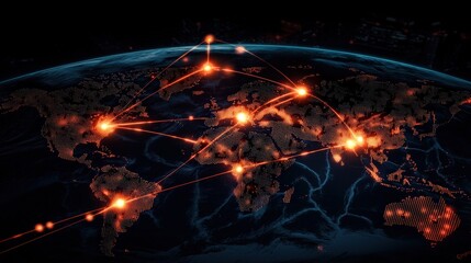 Global network connectivity world map digital visualization dark background aerial view futuristic technology insights