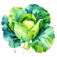 Obraz premium Watercolor painting of fresh green cabbage with detailed leaves and vibrant colors showing natural texture and veins in realistic style that captures vegetable freshness