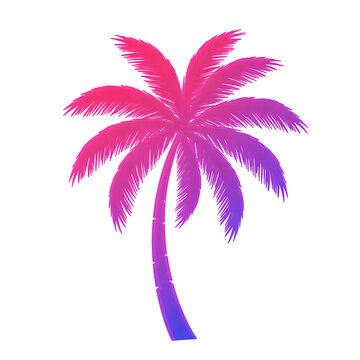Retro-styled palm tree with neon pink and violet glowing leaves in vaporwave aesthetic. Isolated on transparent background. Perfect for synthwave designs and digital art.