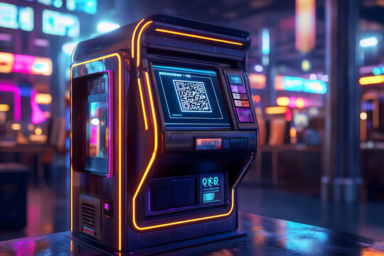 Holographic payment terminal with neon glow and QR scanner functioning in high-tech commercial environment. - Powered by Adobe