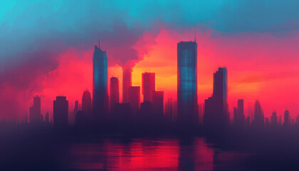 Fototapeta premium Silhouetted city skyline at sunset with vibrant colors reflecting.