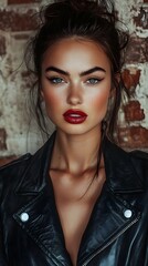 Close-up portrait of a woman with bold makeup and a leather jacket.