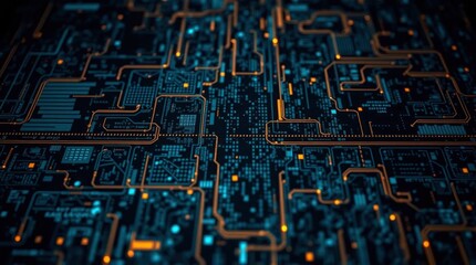 Circuit Board: Glowing Orange Pathways, Abstract Digital Art