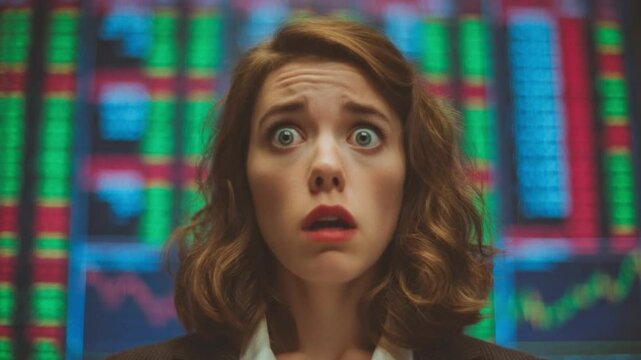 Market Shock: A woman, frozen in a moment of shock and disbelief, with a backdrop of financial market data, capturing the high-stakes anxiety and uncertainty of the trading floor.