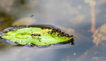Ant Colony Navigating Aquatic Terrain on a Green Leaf Raft in Shallow Water