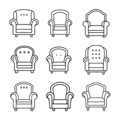 Armchair line art vector icon set on white background 