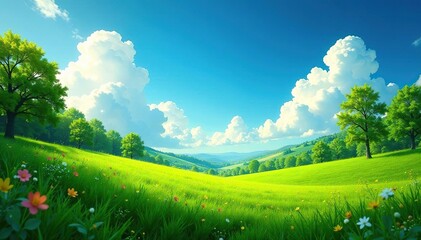 Fototapeta premium Lush green meadow with vibrant foliage under a bright sky , grass, background