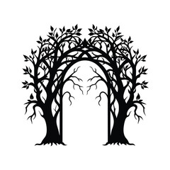 Silhouette illustration of two trees forming an archway with leaves and branches in black and white © Silhouette boss 7067