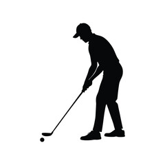 Silhouette of a golfer in action preparing to swing at a golf ball on a white background