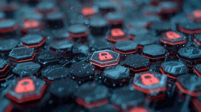 Abstract digital background with hexagonal patterns featuring security locks for technology and cybersecurity themes in vivid blue and red colors