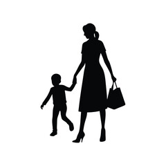 Silhouette of a mother walking with her child holding hands in a minimalist style
