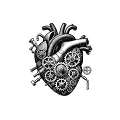 Vintage Engraving of Mechanical Heart with Gears and Tubes, drawn in an engraved, woodcut style with fine details sketch engraving vector illustration. Scratch board imitation. Black and white image. 