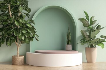 Mint green archway display with plants and a pedestal.