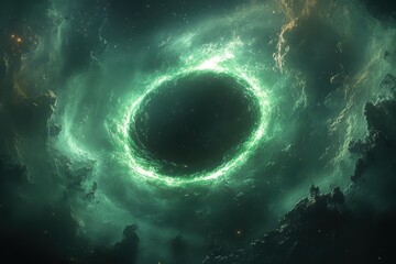 Cosmic Green Energy Ring in Swirling Nebula, Abstract Sci-Fi Space Background space nebula galaxy cosmic universe green 