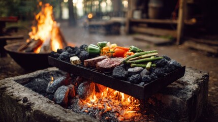A summer grilling moment with meat and veggies cooking over coal fire, framed by firelight and rustic outdoor surroundings.