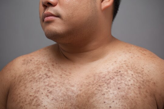 Tinea Versicolor Treatment: Close-up of Human Skin with Fungal Infection on Torso, Gray Background, Fungal Skin Infection, Pityriasis Versicolor