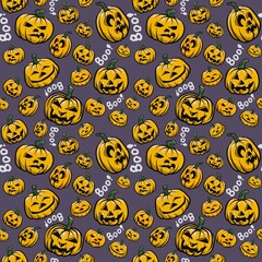 Halloween seamless pattern - creepy pumpkin lanterns with scary faces, traditional holiday halloween symbols ,seamless texture
