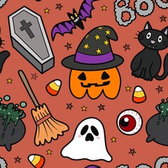 Halloween seamless pattern - creepy pumpkin lanterns with scary faces, traditional holiday halloween symbols ,seamless texture