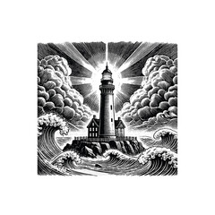 Fototapeta premium Vintage Lighthouse Engraving with Stormy Sea and Waves, drawn in an engraved, woodcut style with fine details sketch engraving vector illustration. Scratch board imitation. Black and white image. 