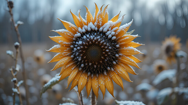 Withered sunflower head in winter