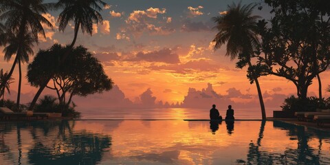Idyllic Sunset Serenity: Silhouetted figures gaze out at an awe-inspiring tropical sunset reflecting in a tranquil infinity pool, promising a moment of peaceful contemplation in paradise.