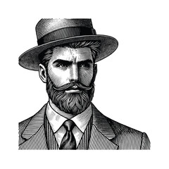 Vintage Guy in suit and hat Engraving Illustration, drawn in an engraved, woodcut style with fine details sketch engraving vector illustration. Scratch board imitation. Black and white image. 