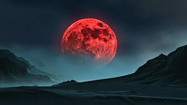 A breathtaking view of a red moon illuminating a dark alien landscape.