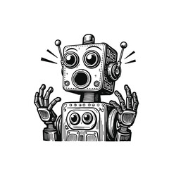 Vintage Surprised Robot Engraving Illustration, drawn in an engraved, woodcut style with fine details sketch engraving vector illustration. Scratch board imitation. Black and white image. flat vector