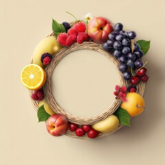 Customizable summer fruit basket mockup with blank space for your logo or branding.