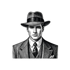 Vintage Male in suit and hat Engraving Illustration, drawn in an engraved, woodcut style with fine details sketch engraving vector illustration. Scratch board imitation. Black and white image. 