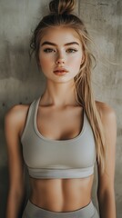 Fototapeta premium A young woman in a neutral sports top.