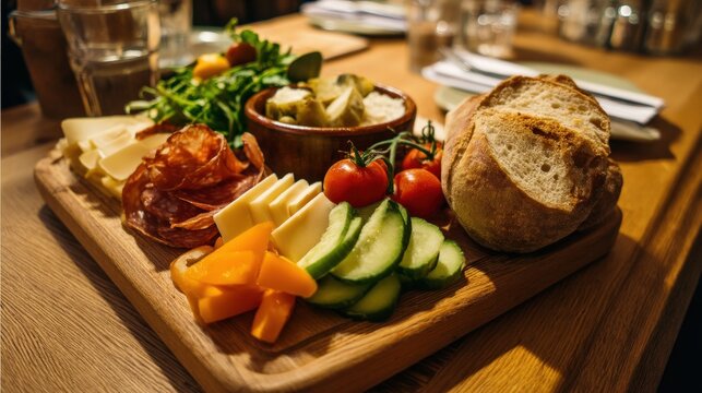 A classic abendbrot in Berlin featuring bread, cheese, cured meats, and fresh vegetables served family-style in a cozy setting.