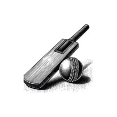 Vintage Cricket ball and bat Engraving Illustration, drawn in an engraved, woodcut style with fine details sketch engraving vector illustration. Scratch board imitation. Black and white image. 