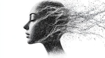 Digital silhouette of a head made of flowing binary code, symbolizing the fusion of technology and human thought.