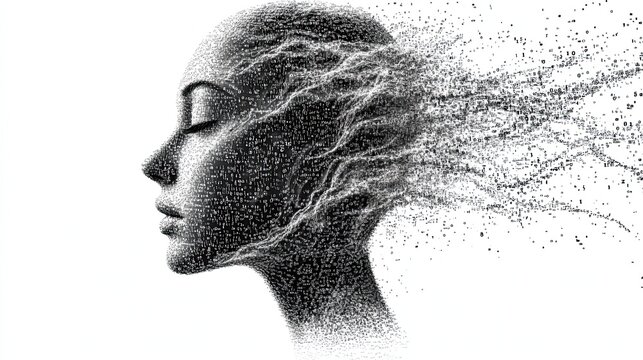 Digital silhouette of a head made of flowing binary code, symbolizing the fusion of technology and human thought.
