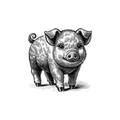 Vintage Cute piglet Engraving Illustration, drawn in an engraved, woodcut style with fine details sketch engraving vector illustration. Scratch board imitation. Black and white image. flat vector  © Heisenberg1992