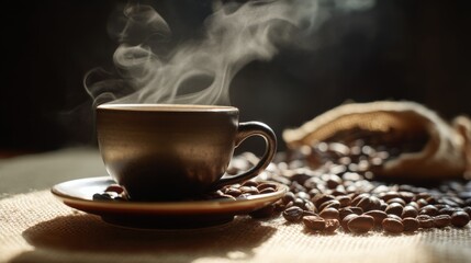 A close-up of a steaming coffee cup on a saucer, set amidst a scatter of aromatic coffee beans in warm natural light.