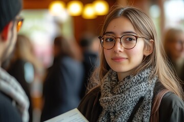 Young woman with glasses and scarf smiling in a bustling caf? with blurred background activity