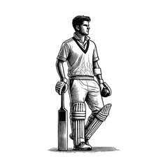 Vintage Cricket player standing Illustration, drawn in an engraved, woodcut style with fine details sketch engraving vector illustration. Scratch board imitation. Black and white image. flat vector 