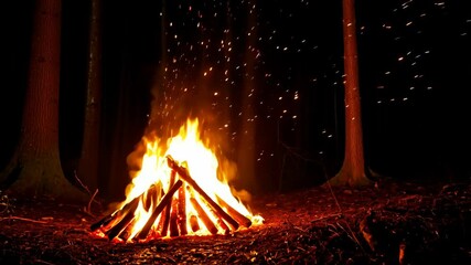 Illuminated campfire with brightly glowing flames surrounded by dark, silhouetted trees and sparkling embers at a nocturnal campsite - Powered by Adobe