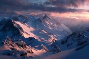 Breathtaking sunrise illuminating snow-covered alpine mountains, golden light casting long shadows, crisp atmosphere, dramatic skies