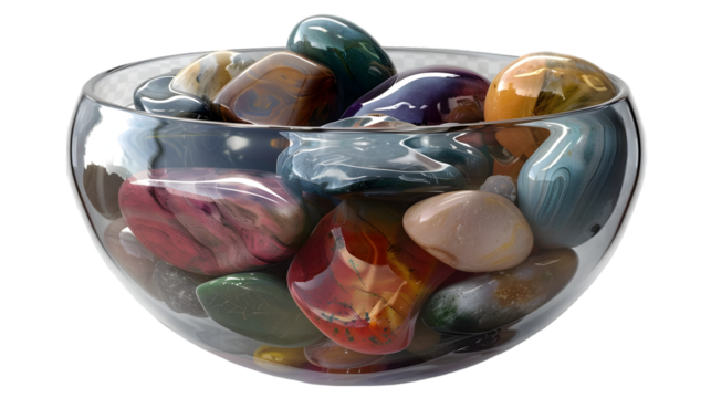 A glass bowl filled with polished rocks of various colors and sizes sitting on a white surface